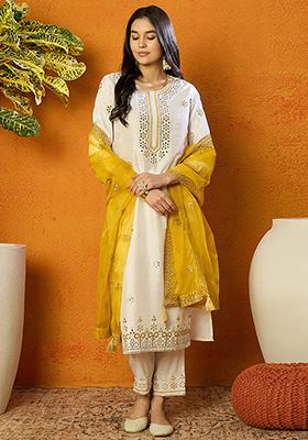 White Embroidered Silk Blend Kurta Set