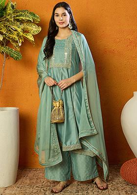 Sea Green Embroidered Silk Blend Kurta Set