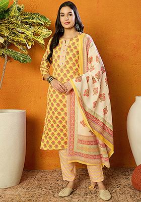 Yellow Printed Rayon Blend Kurta Set