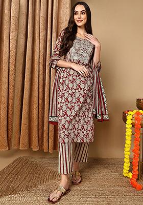 Maroon Printed Rayon Blend Kurta Set