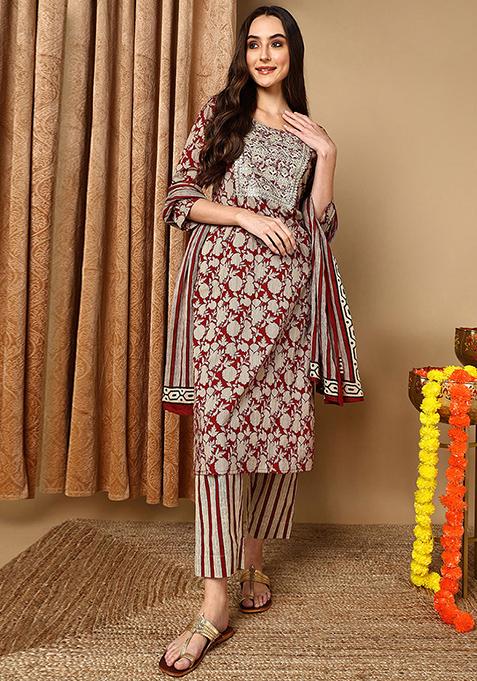 Maroon Printed Rayon Blend Kurta Set