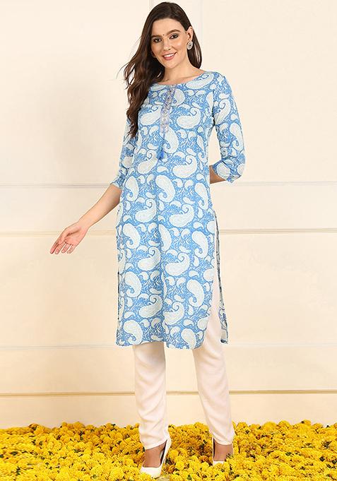 Blue Printed Cotton Kurta