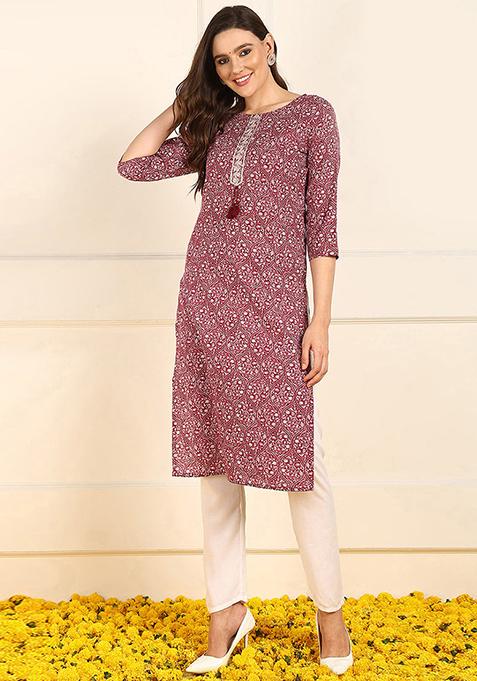 Burgundy Printed Cotton Kurta