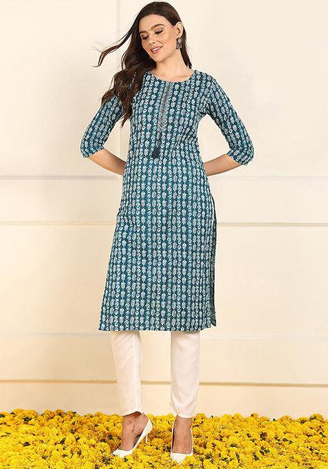 Blue Printed Cotton Kurta