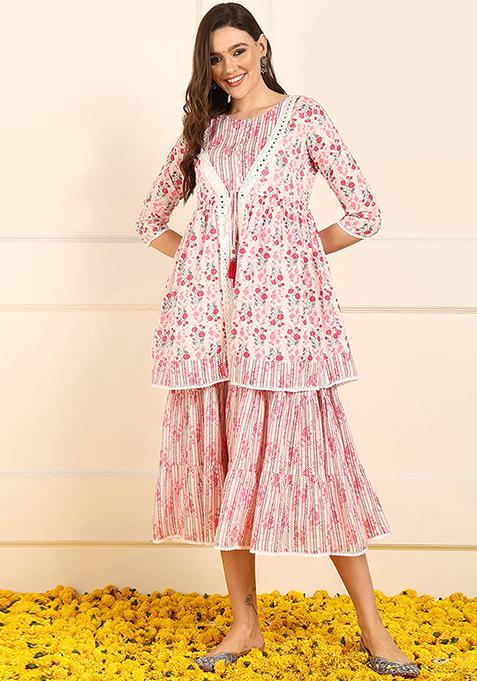 Pink Printed Cotton Dress With Shrug