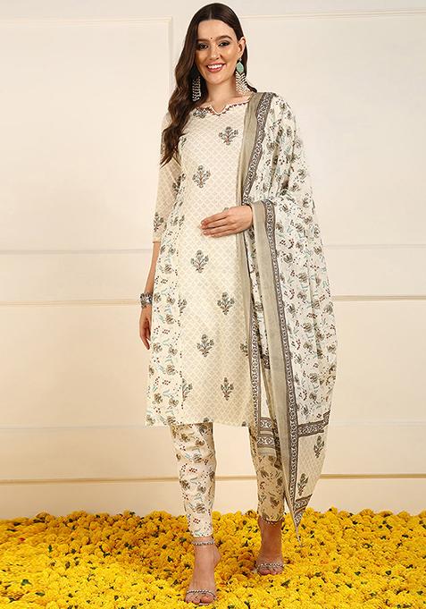 Cream Printed Pure Cotton Kurta Set
