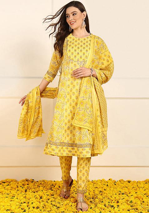 Yellow Embroidered Pure Cotton Kurta Set