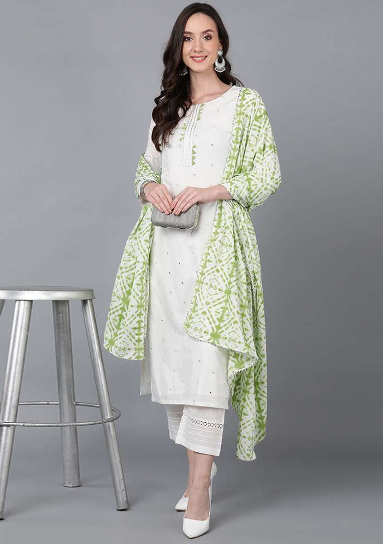 Green Printed Blended Straight Kurta Set - Indya