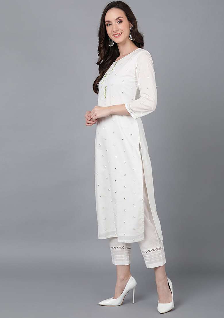 Green Printed Blended Straight Kurta Set - Indya