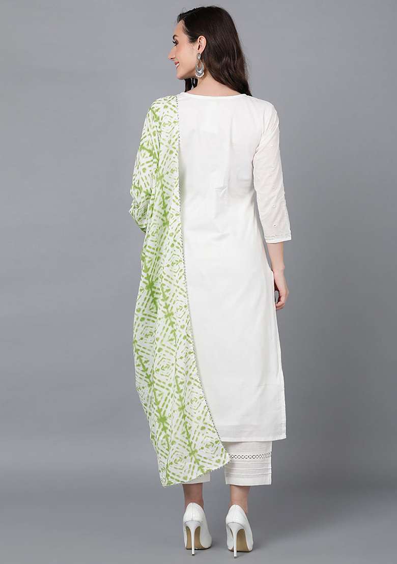 Green Printed Blended Straight Kurta Set - Indya