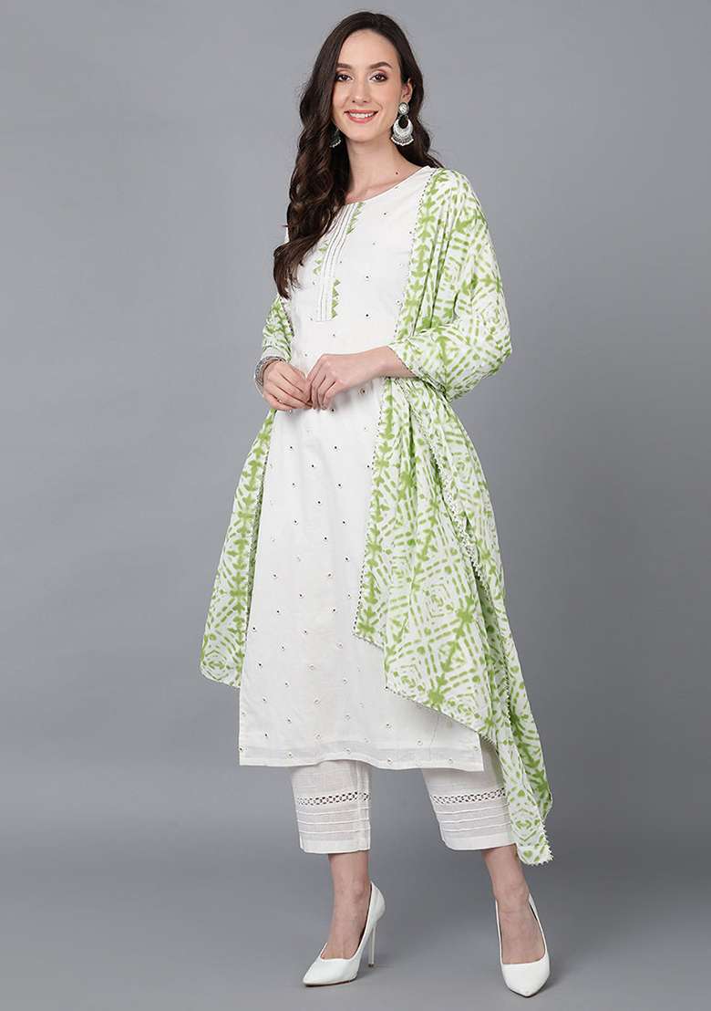 Green Printed Blended Straight Kurta Set - Indya