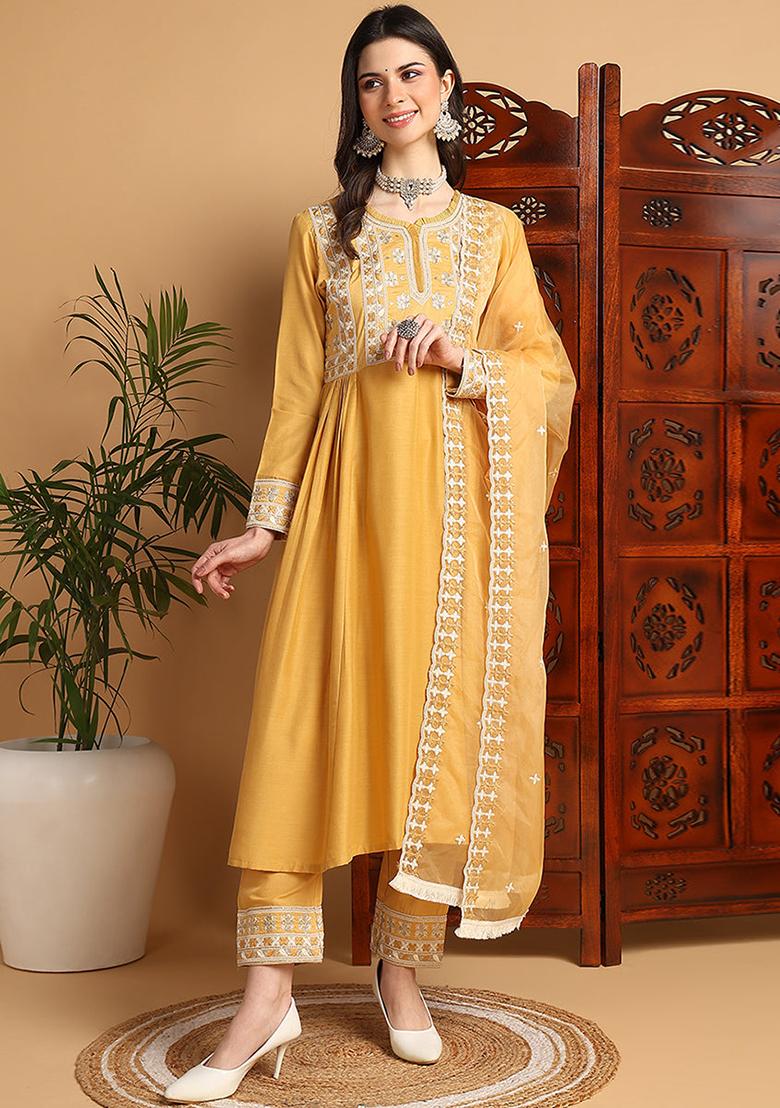 Yellow Embroidered Silk Blend Kurta Set