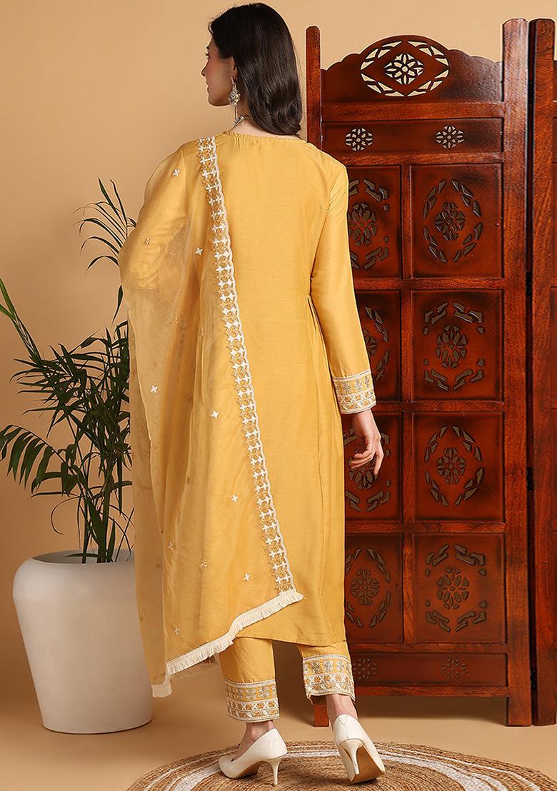 Yellow Embroidered Silk Blend Kurta Set