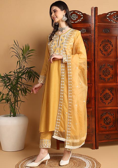 Yellow Embroidered Silk Blend Kurta Set