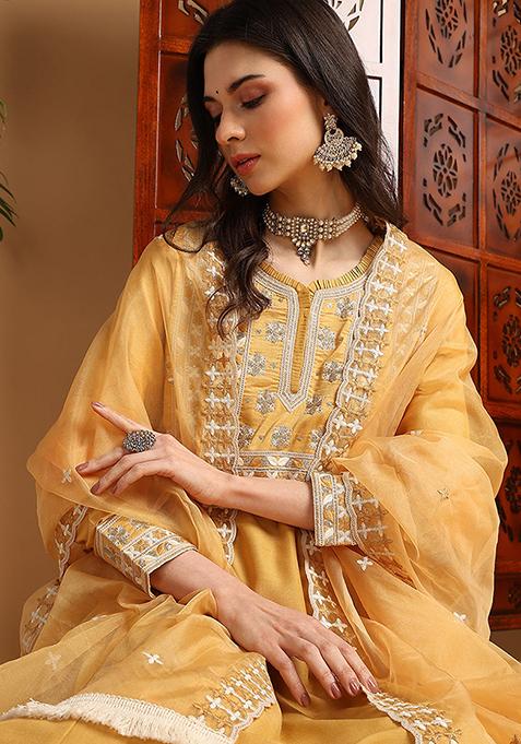 Yellow Embroidered Silk Blend Kurta Set