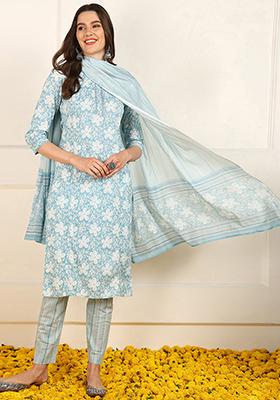 Blue Printed Pure Cotton Kurta Set