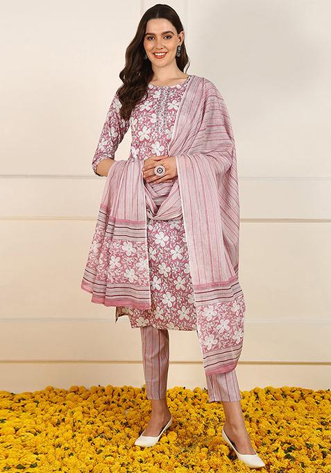 Pink Printed Pure Cotton Kurta Set