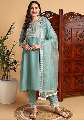 Sea Green Embroidered Silk Blend Kurta Set