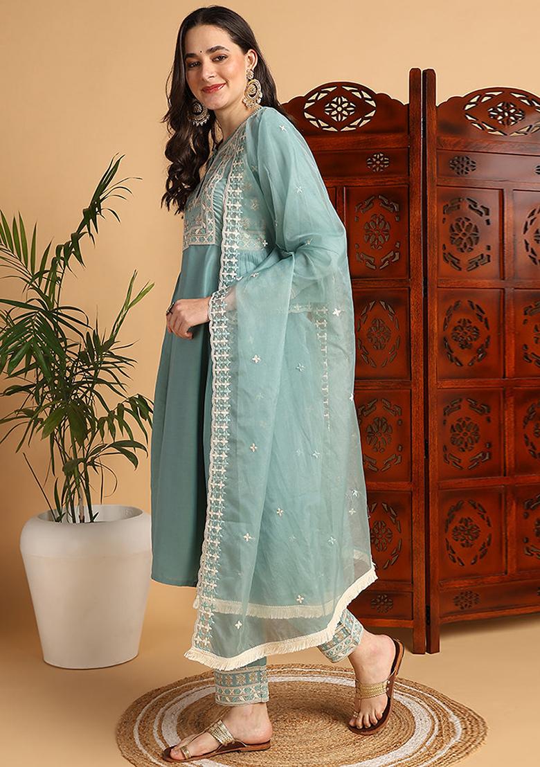 Sea Green Embroidered Silk Blend Kurta Set