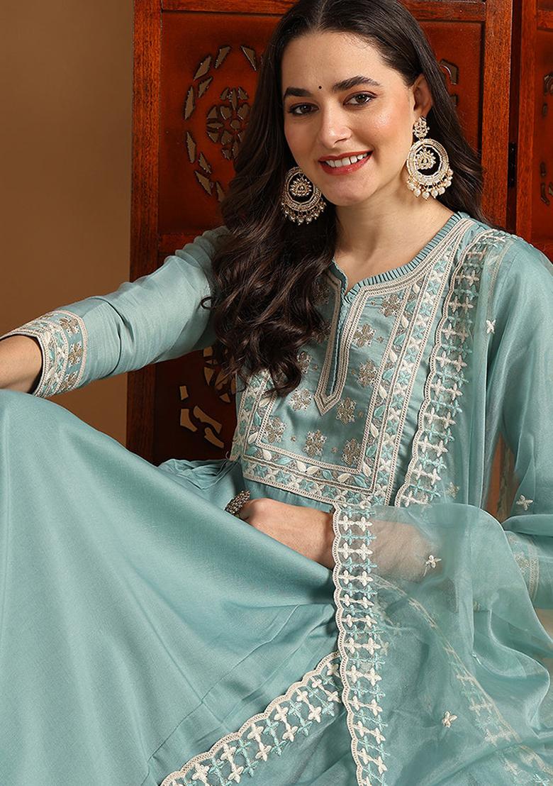 Sea Green Embroidered Silk Blend Kurta Set
