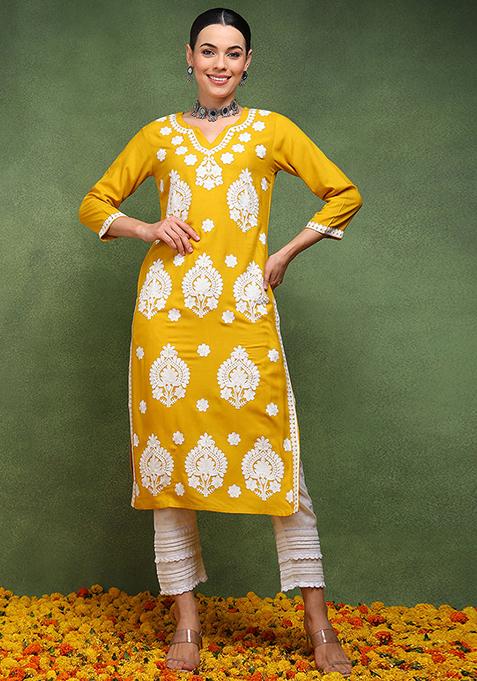 Yellow Embroidered Viscose Rayon Kurta