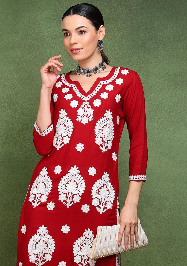 Maroon Embroidered Viscose Rayon Kurta