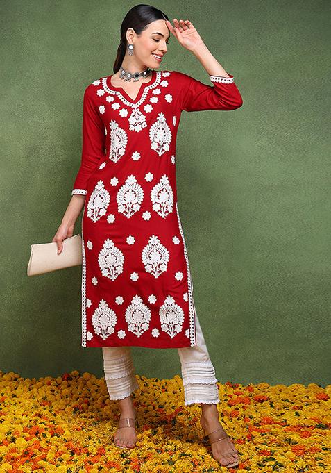 Maroon Embroidered Viscose Rayon Kurta