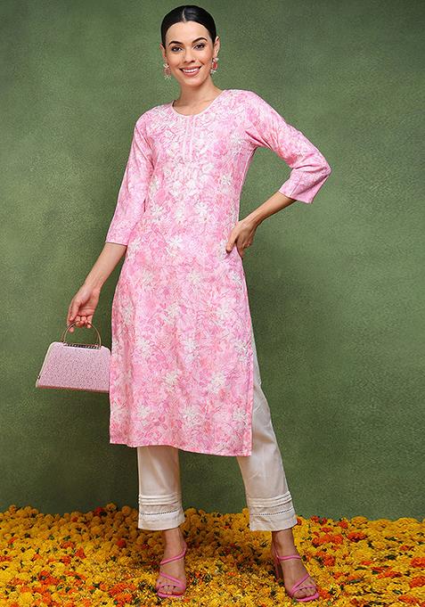 Pink Embroidered Cotton Blend Kurta