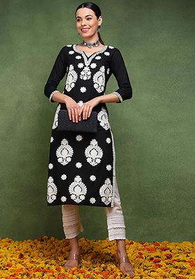 Black Embroidered Viscose Rayon Kurta