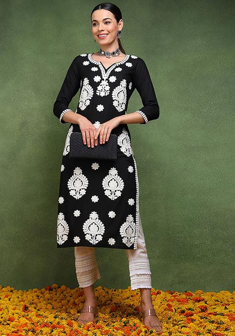 Black Embroidered Viscose Rayon Kurta