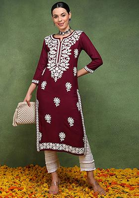 Burgundy Embroidered Viscose Rayon Kurta