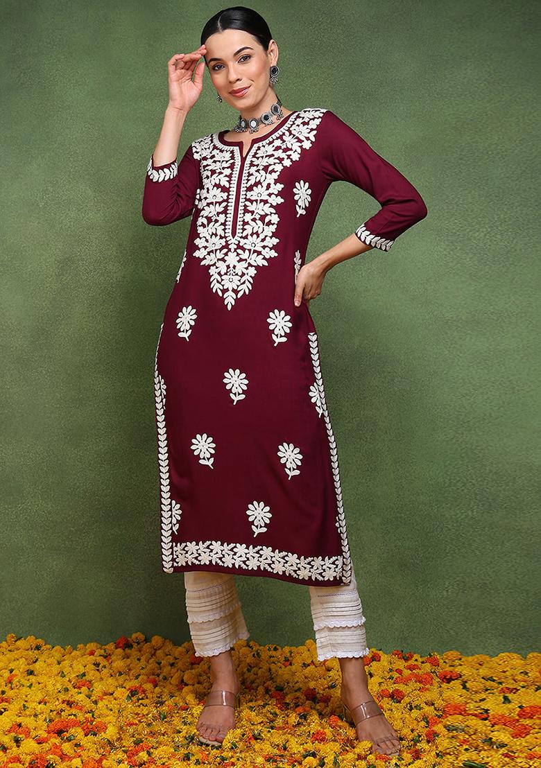 Burgundy Embroidered Viscose Rayon Kurta