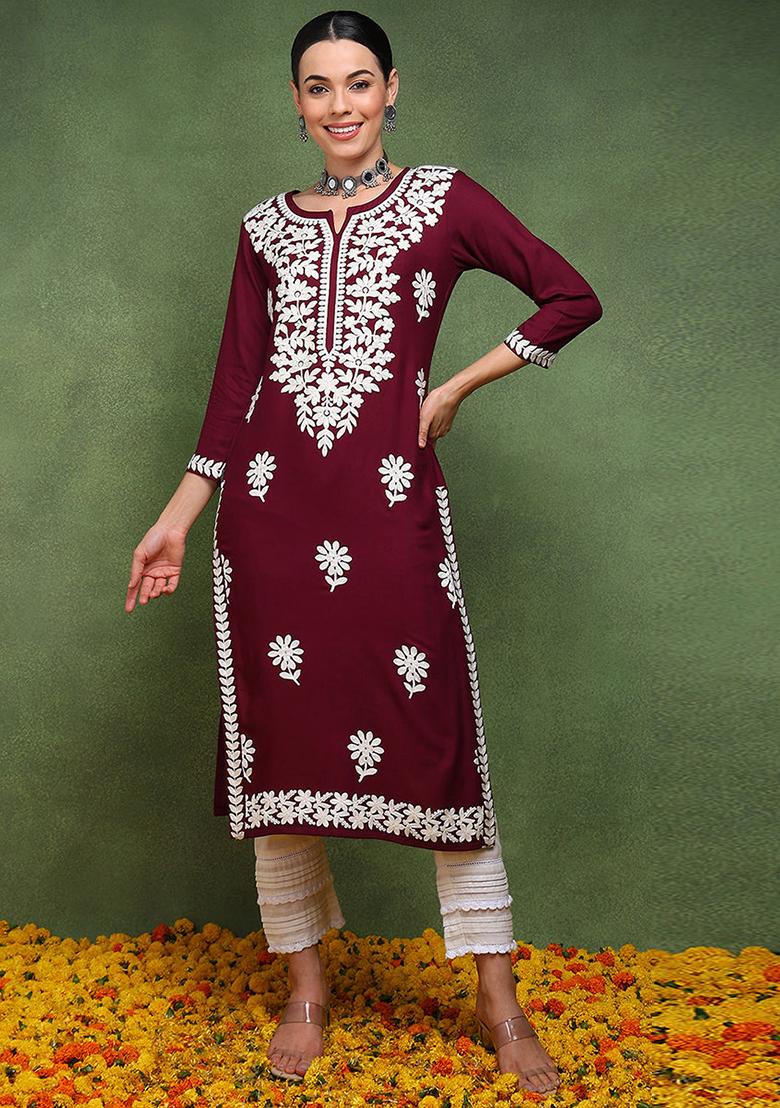 Burgundy Embroidered Viscose Rayon Kurta