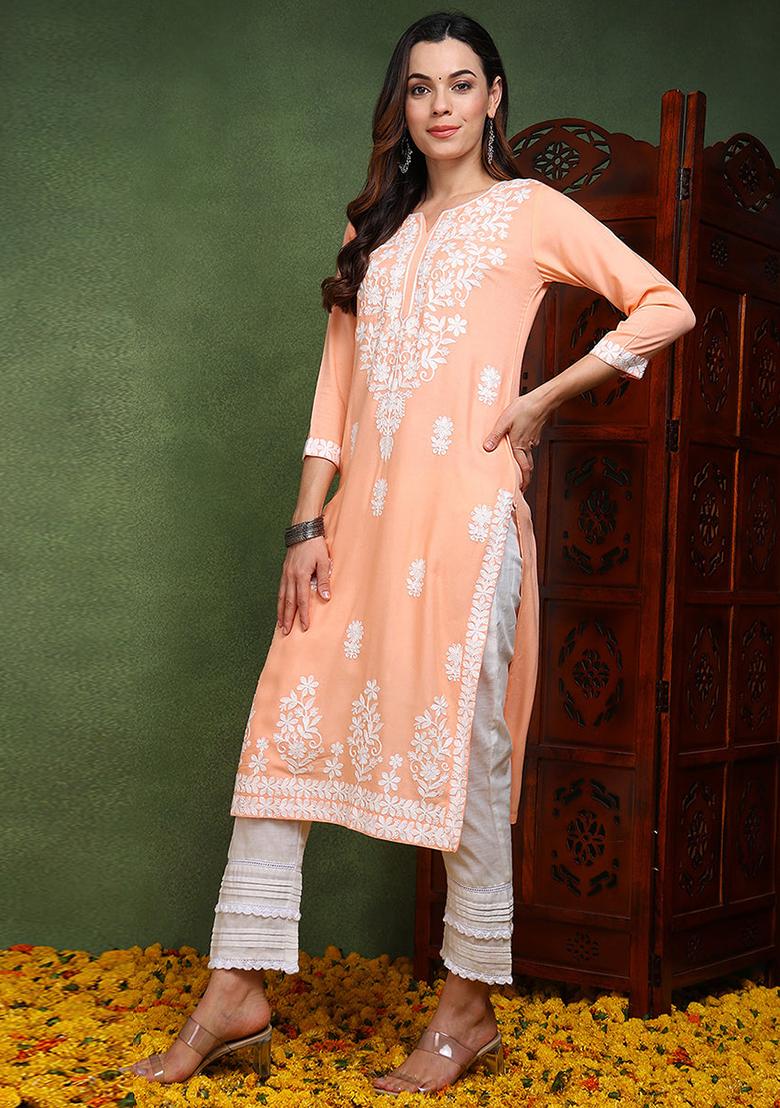 Peach Embroidered Viscose Rayon Kurta