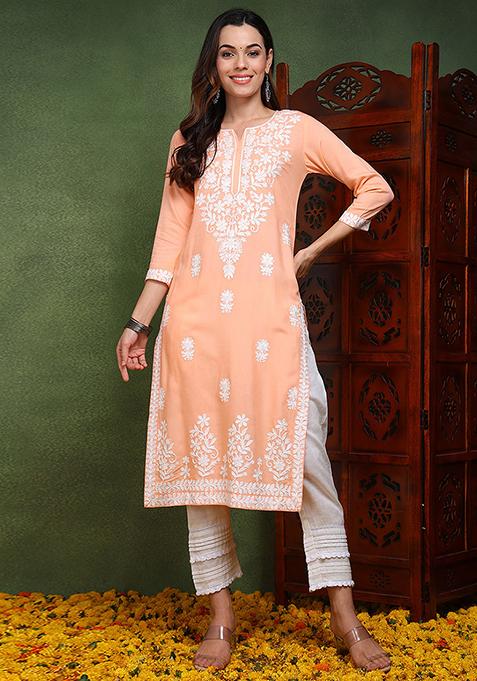 Peach Embroidered Viscose Rayon Kurta