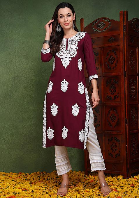 Burgundy Embroidered Viscose Rayon Kurta