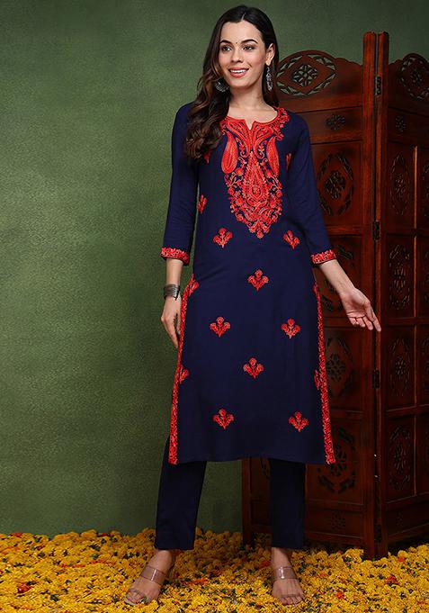 Blue Embroidered Viscose Rayon Kurta