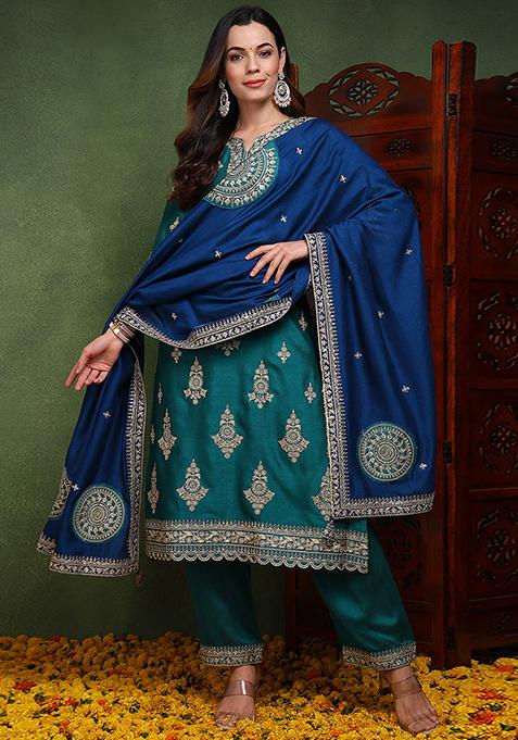 Green Embroidered Silk Blend Kurta Set