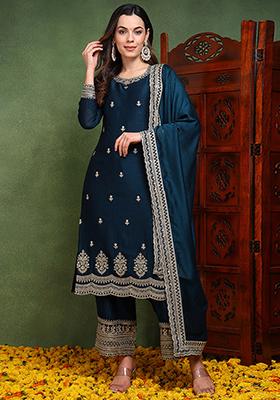 Blue Embroidered Silk Blend Kurta Set