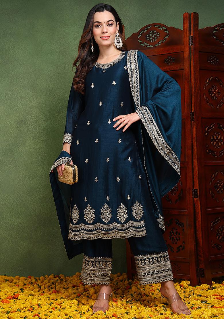 Blue Embroidered Silk Blend Kurta Set