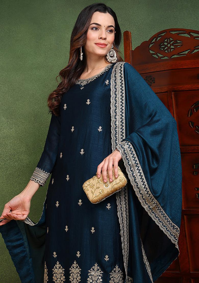 Blue Embroidered Silk Blend Kurta Set