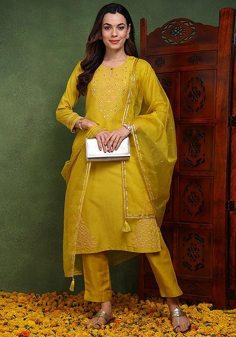 Yellow Yoke Design Silk Blend Kurta Set
