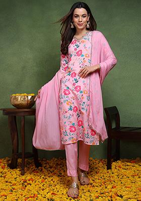 Pink Printed Cotton Blend Kurta Set