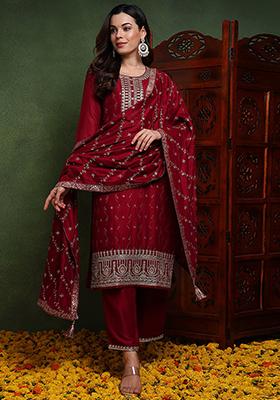 Maroon Embroidered Silk Blend Kurta Set