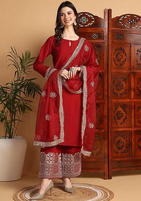 Maroon Embroidered Silk Blend Kurta Set