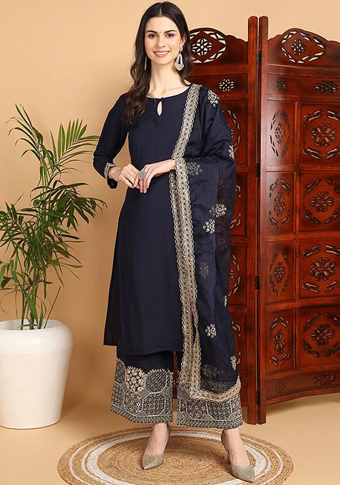 Blue Embroidered Silk Blend Kurta Set