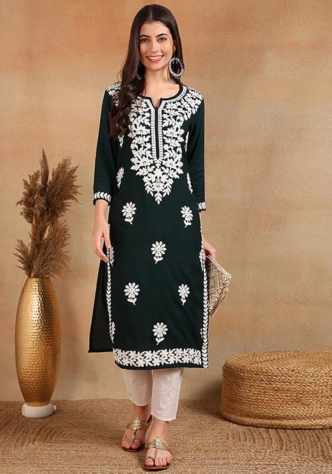 Green Embroidered Viscose Rayon Kurta