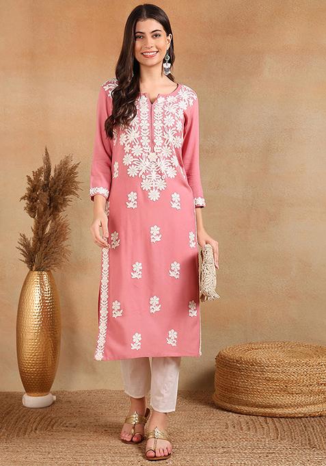 Pink Embroidered Viscose Rayon Kurta