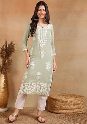 Green Embroidered Viscose Rayon Kurta
