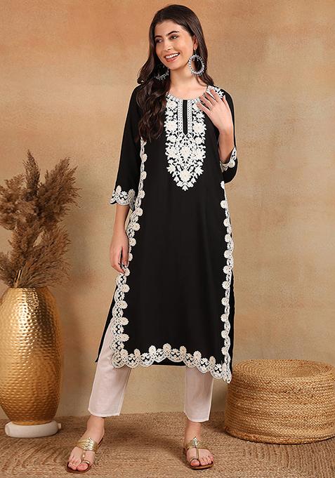 Black Embroidered Viscose Rayon Kurta